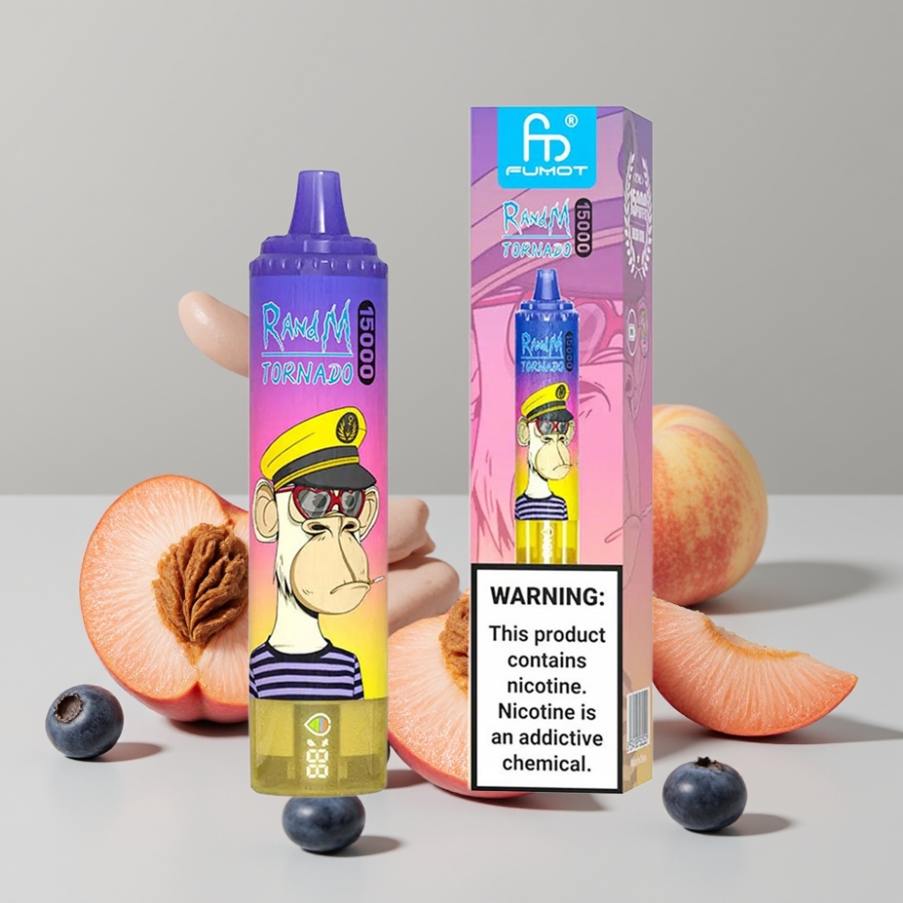 RandM Fumot Tornado 15000 Puffs Peach Blueberry Candy 25ml 850mAh Mesh Coil Type-C LCD