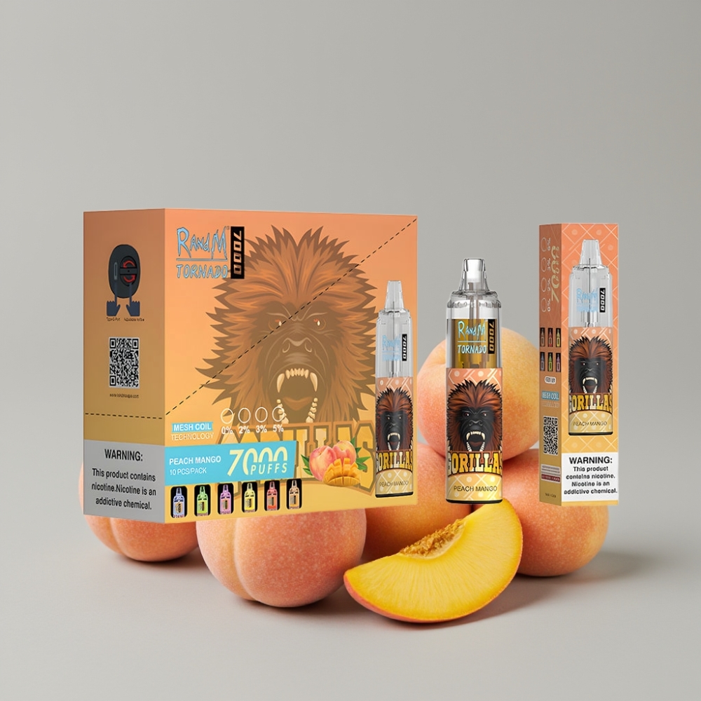RandM Fumot Tornado 7000 Puffs 14ML Peach Mango Disposable Vape Mesh Coil RGB