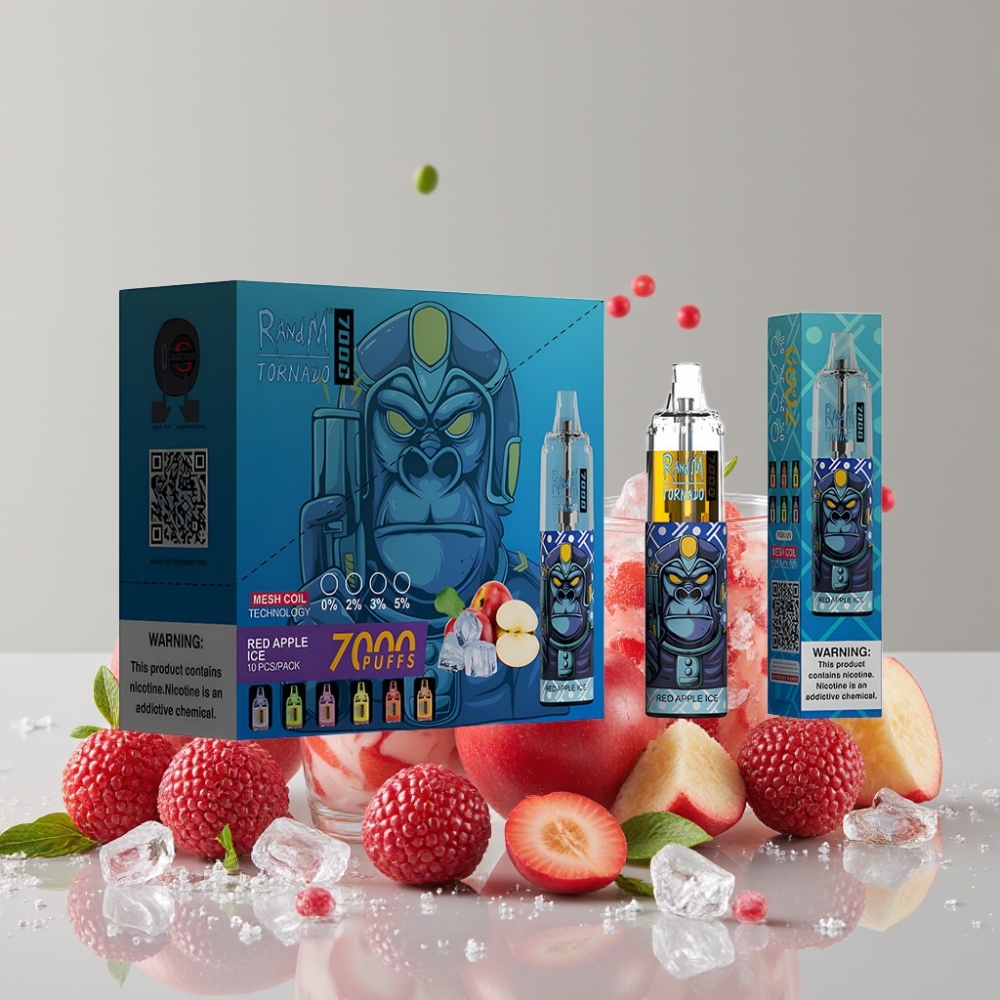 RandM Fumot Tornado 7000 Puffs 14ML Red Apple Ice Disposable Vape Mesh Coil Type-C RGB Air-Adjustable