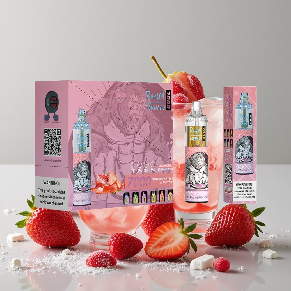 RandM Fumot Tornado 7000 Puffs 14ML Strawberry Ice Disposable Vape Mesh Coil Type-C RGB