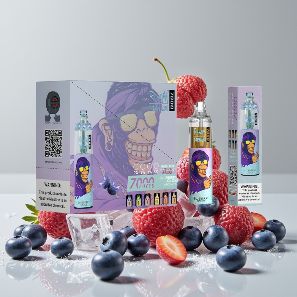 RandM Fumot Tornado 7000 Puffs Disposable Vape 14ML Mesh Coil Type-C RGB Blueberry On Ice