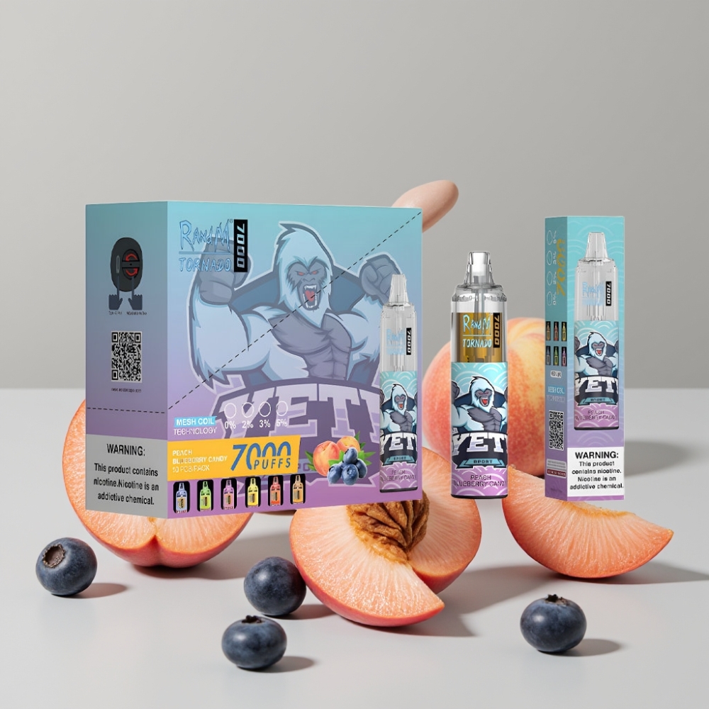 RandM Fumot Tornado 7000 Puffs Disposable Vape 14ML Peach Blueberry Candy Mesh Coil Type-C RGB Air-Adjustable