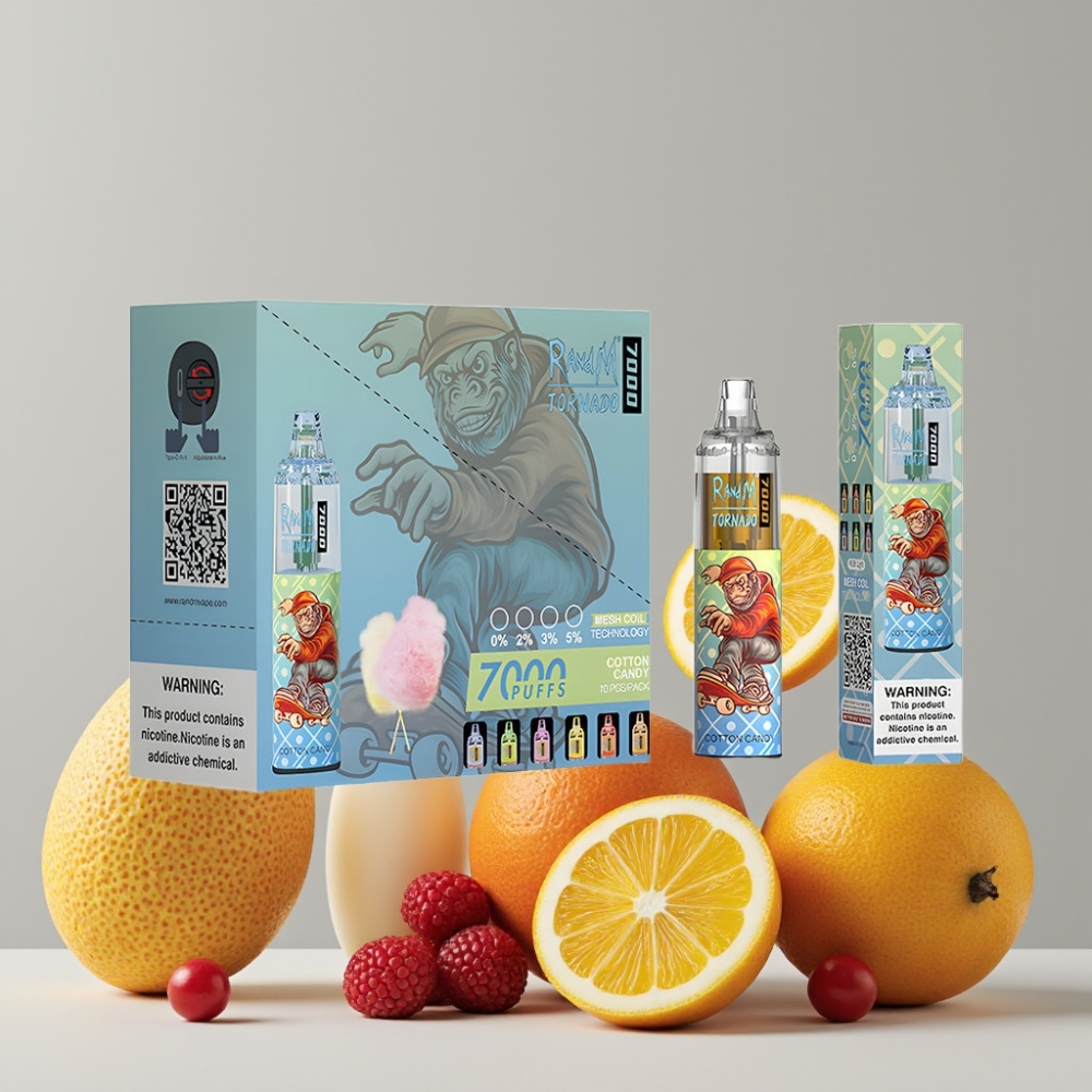 RandM Fumot Tornado 7000 Puffs Disposable Vape Cotton Candy 14ML 850MAH Mesh Coil Type-C RGB Air-Adjustable