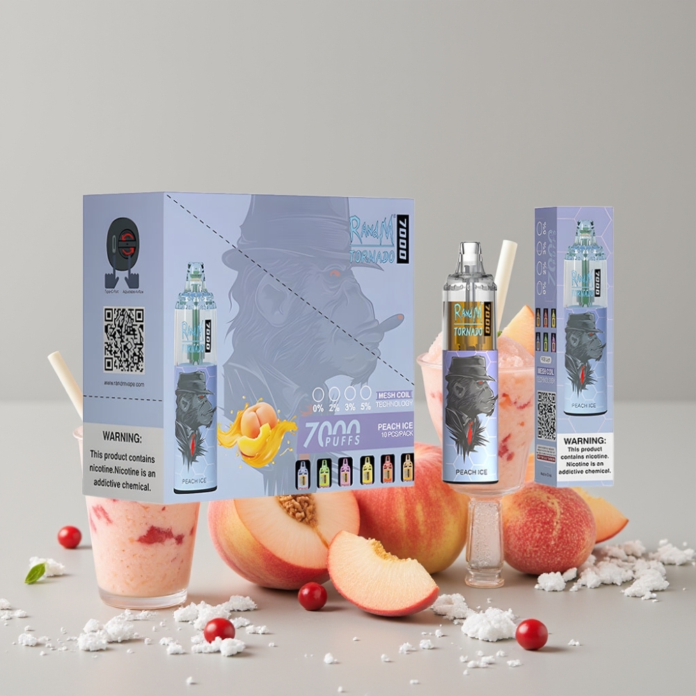 RandM Fumot Tornado 7000 Puffs Disposable Vape Peach Ice 14ML Mesh Coil Type-C RGB