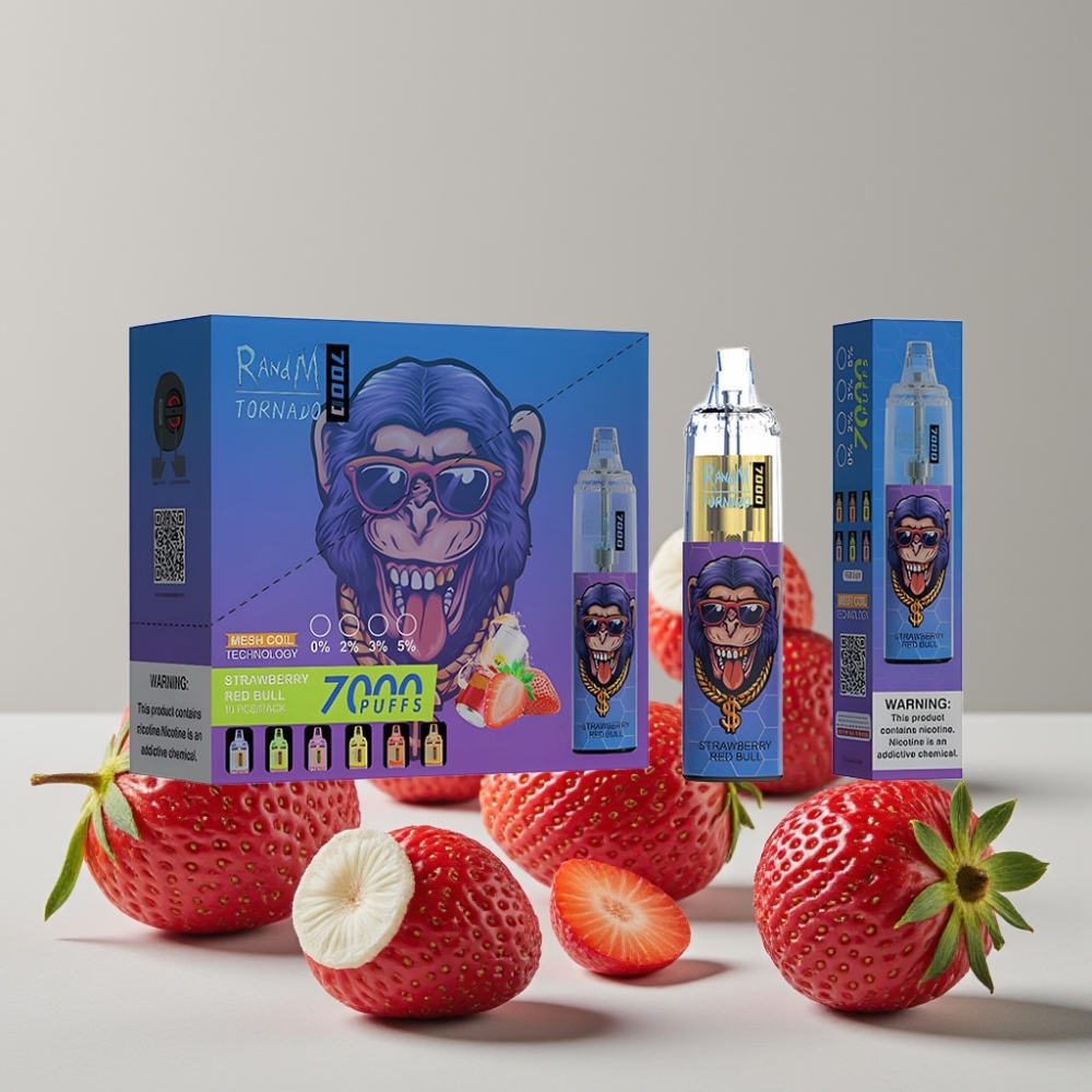 RandM Fumot Tornado 7000 Puffs Disposable Vape Strawberry Red Bull 14ML 850MAH Mesh Coil Type-C RGB Air-Adjustable