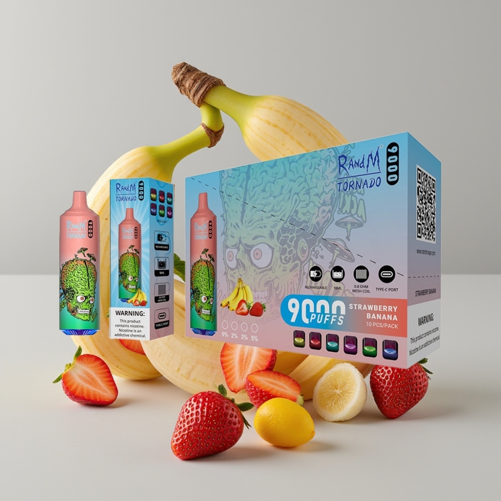RandM Tornado 9000 Puffs 18mL 850mAh Mesh Strawberry Banana RGB