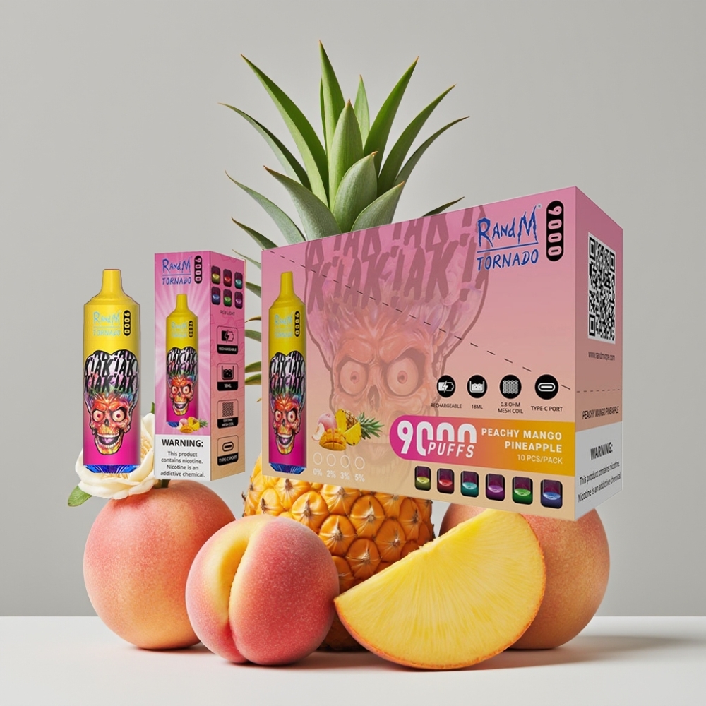RandM Tornado 9000 Puffs 18mL Mesh Coil RGB Display Peachy Mango Pineapple