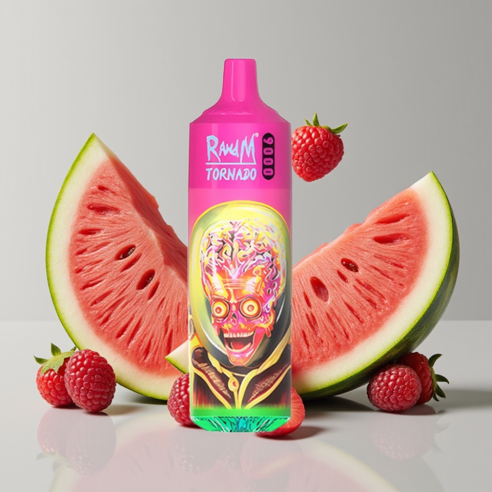 RandM Tornado 9000 Puffs Disposable Vape 18mL 850mAh Mesh Coil RGB Display Raspberry Watermelon