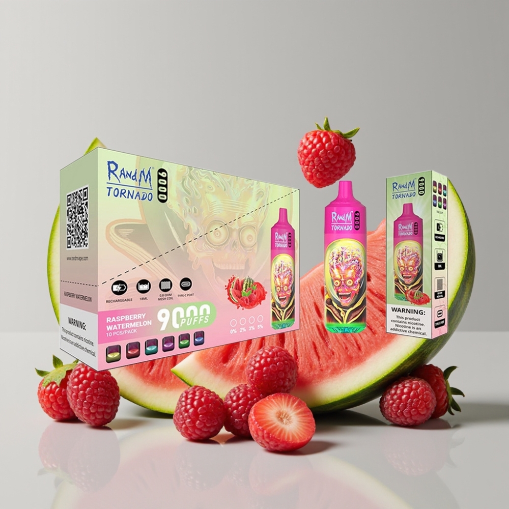 RandM Tornado 9000 Puffs Disposable Vape 18mL 850mAh Mesh Coil RGB Display Raspberry Watermelon
