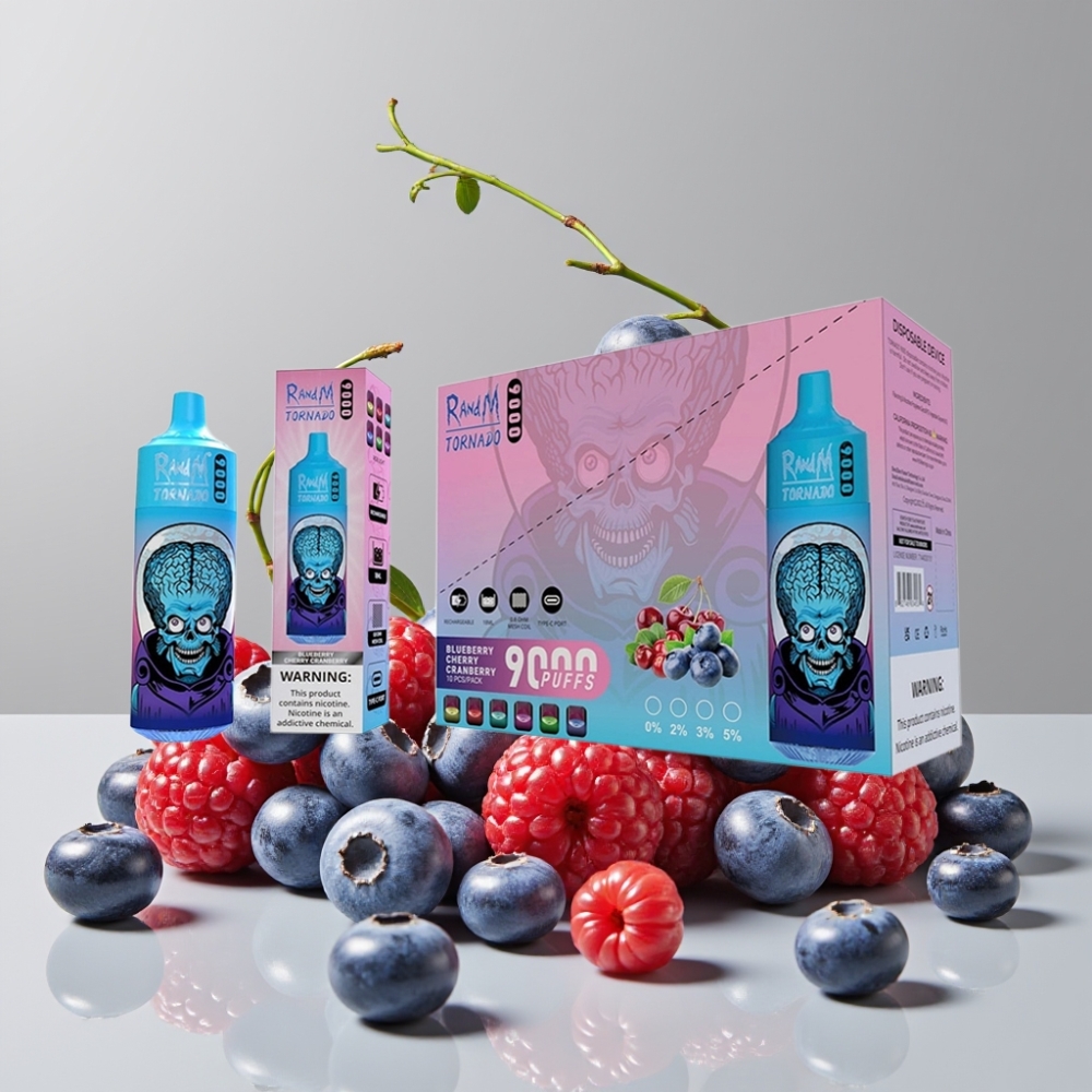 RandM Tornado 9000 Puffs Disposable Vape 18mL Mesh Coil Blueberry Cherry Cranberry