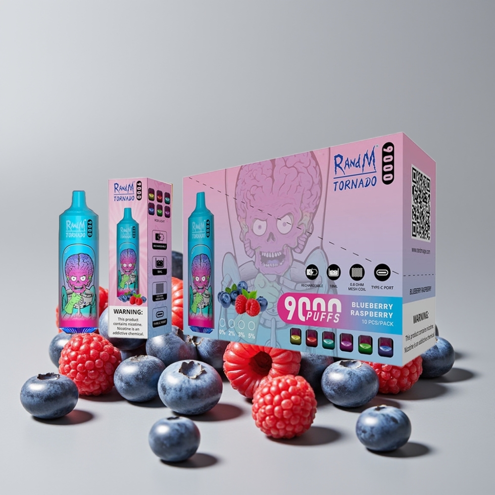 RandM Tornado 9000 Puffs Disposable Vape 850mAh 18mL Mesh Coil RGB Display Blueberry Raspberry
