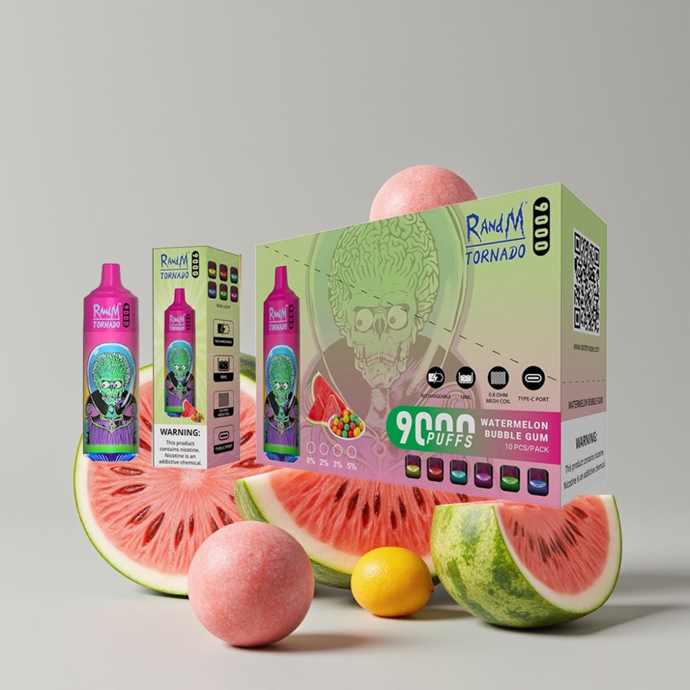 RandM Tornado 9000 Puffs Rechargeable 850mAh 18mL Mesh Coil RGB Display Watermelon Bubble Gum