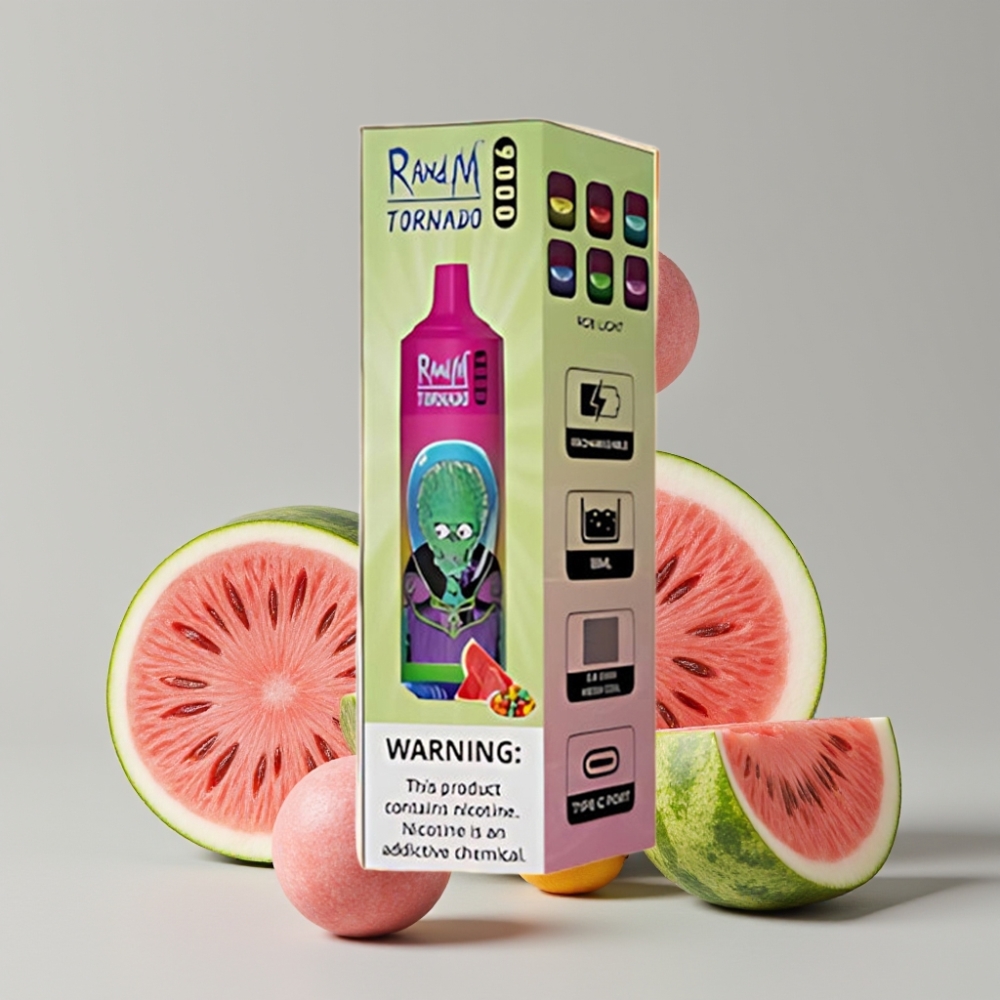 RandM Tornado 9000 Puffs Rechargeable 850mAh 18mL Mesh Coil RGB Display Watermelon Bubble Gum