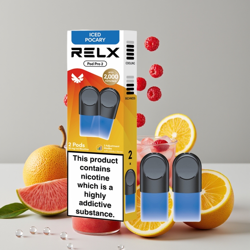 RELX Pod Pro 2 600 Puffs 1.8% Nicotine 1.9ml Beverage-Iced Pocary 3 Modes