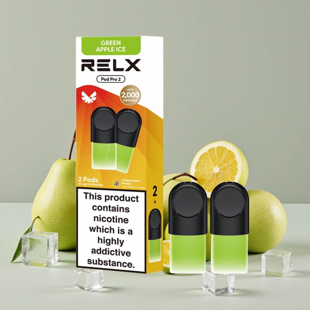 RELX Pod Pro 2 600 Puffs 1.8% Nicotine 1.9ml Green Apple Ice 3 Modes