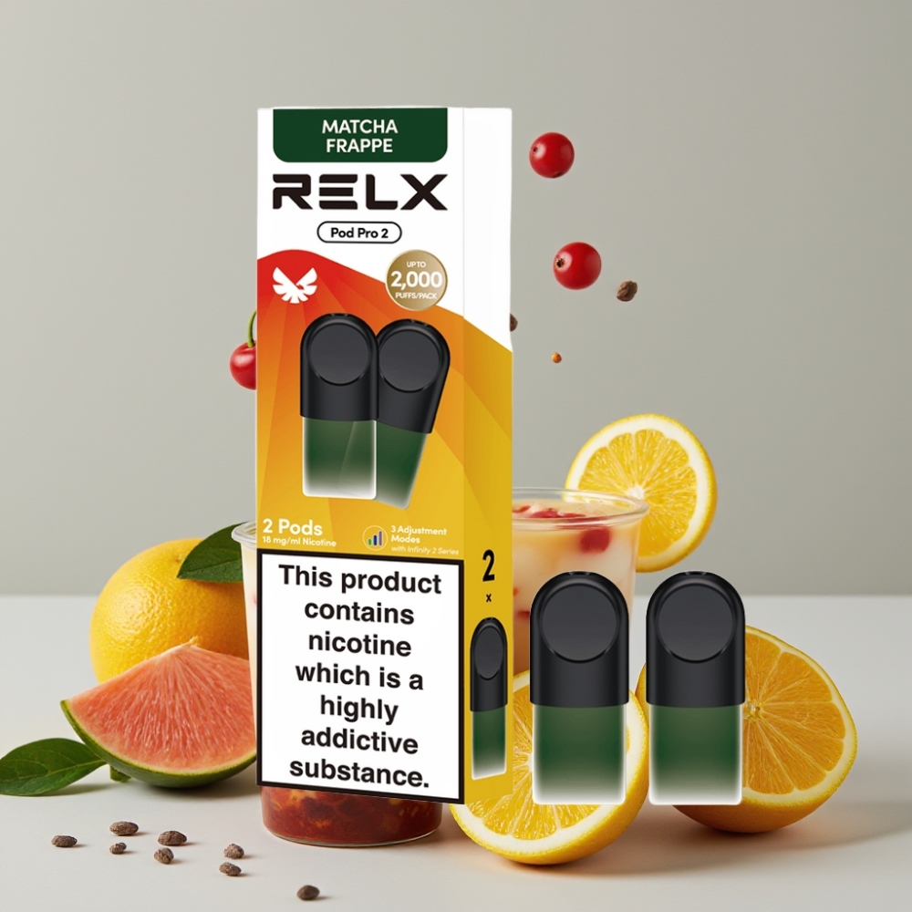 RELX Pod Pro 2 600 Puffs 1.8% Nicotine Tea-Matcha Frappe Tea 1.9ml 3 Modes