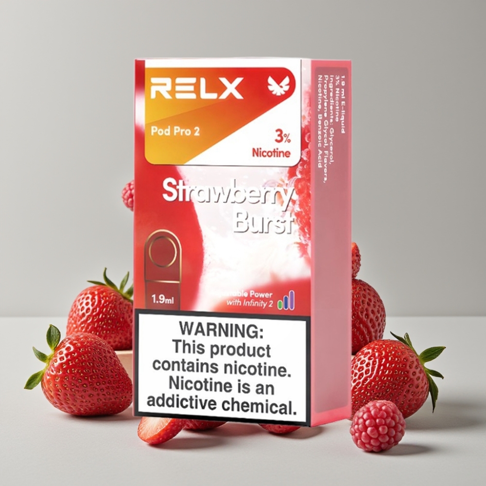 RELX Pod Pro 2 600 Puffs 3% Nicotine 1.9ml Strawberry Burst 3 Voltage Modes