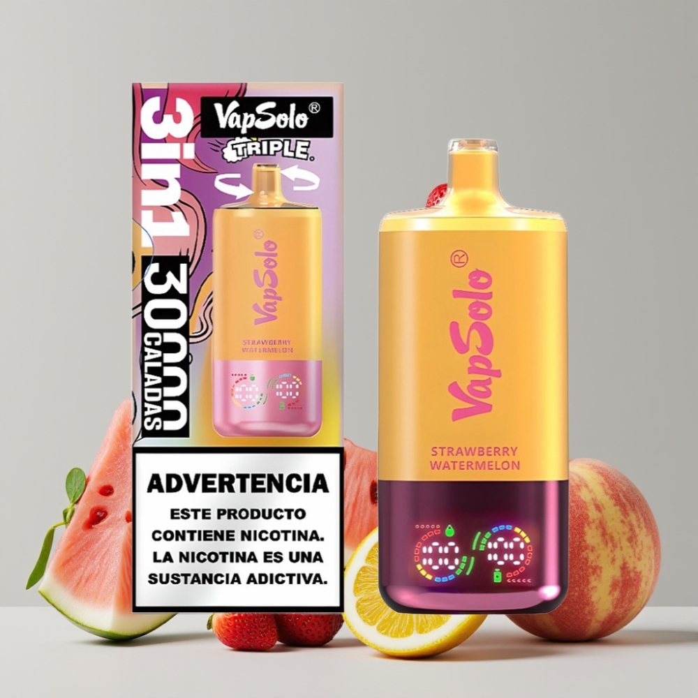 VapSolo Triple 30000 Puffs Disposable Vape 40ml Strawberry Watermelon & Lemon Peach Type-C